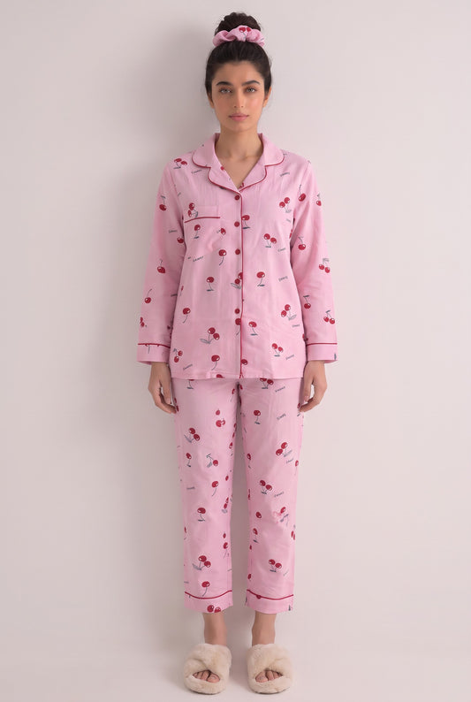 Pink Cherry Crinkled Crepe Loungewear Set