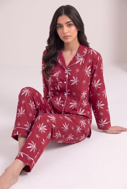 Crimson Leaf Linen Loungewear Set