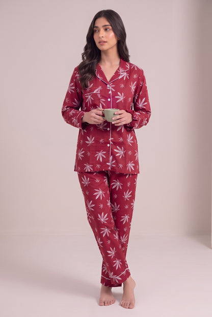 Crimson Leaf Linen Loungewear Set