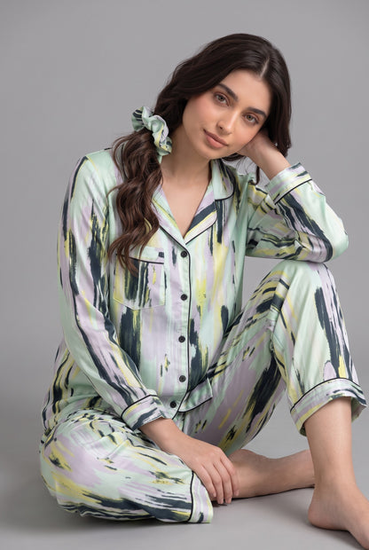 Mint Abstract Watercolor Linen PJ Set