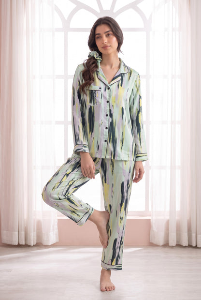 Mint Abstract Watercolor Linen PJ Set