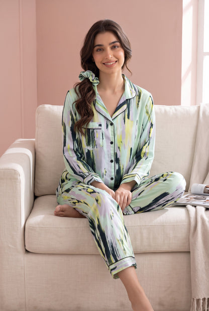 Mint Abstract Watercolor Linen PJ Set