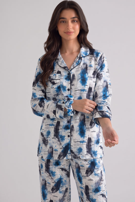Ocean Blue Feather Linen Loungewear Set