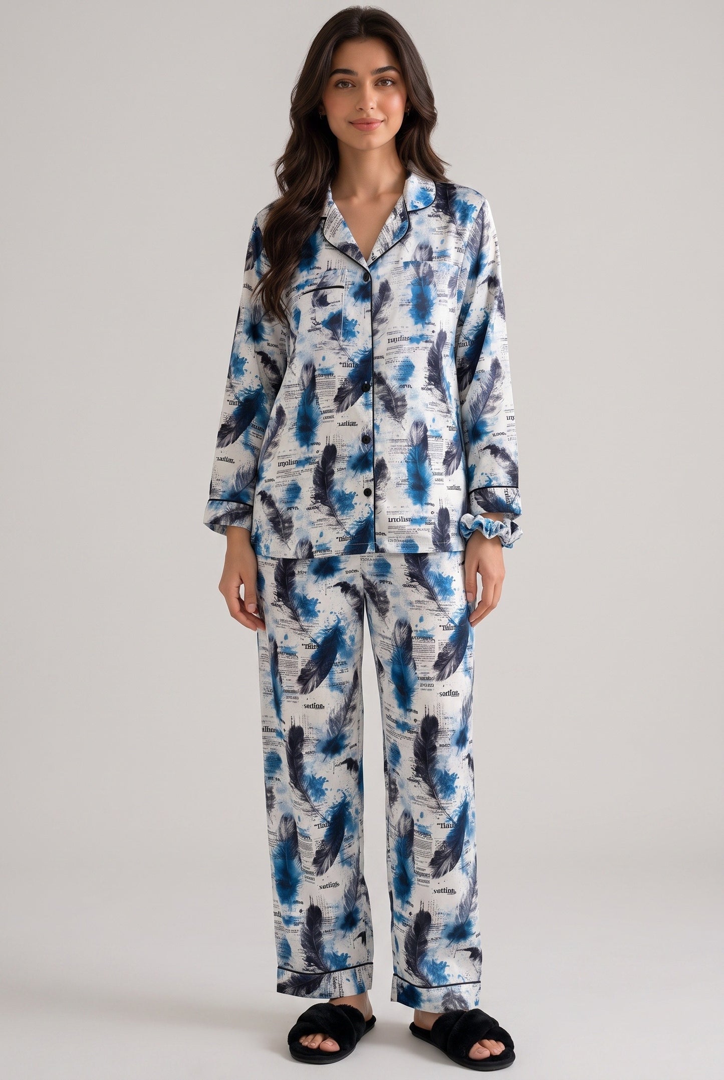 Ocean Blue Feather Linen Loungewear Set