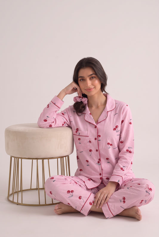 Pink Cherry Crinkled Crepe Loungewear Set