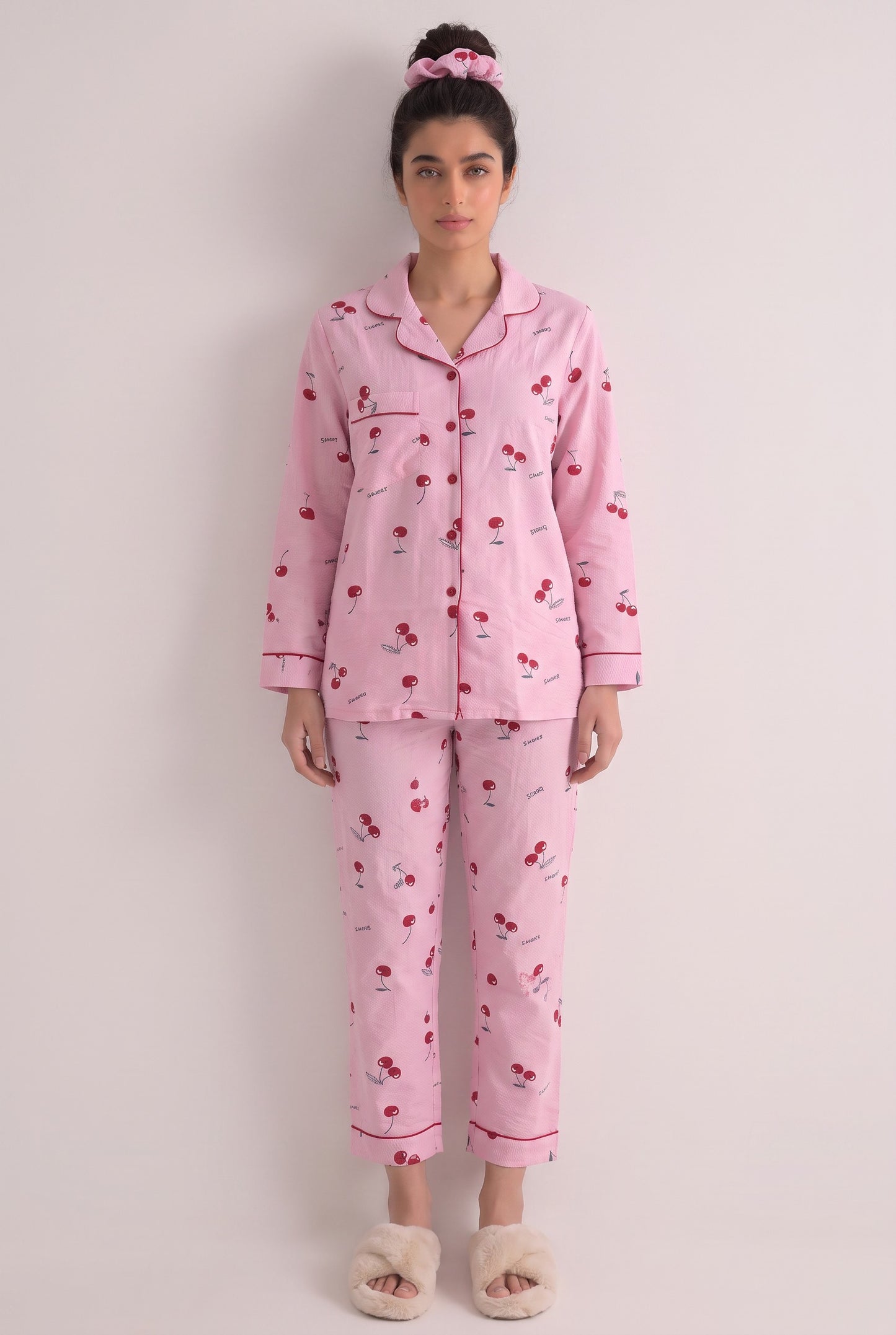 Pink Cherry Crinkled Crepe Loungewear Set