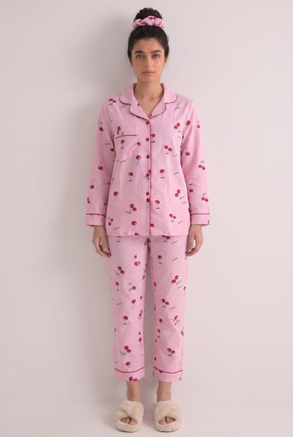Pink Cherry Crinkled Crepe Loungewear Set