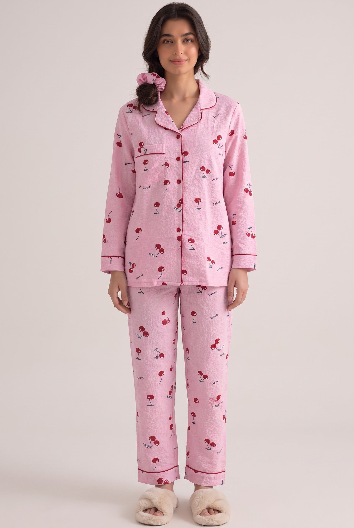 Pink Cherry Crinkled Crepe Loungewear Set