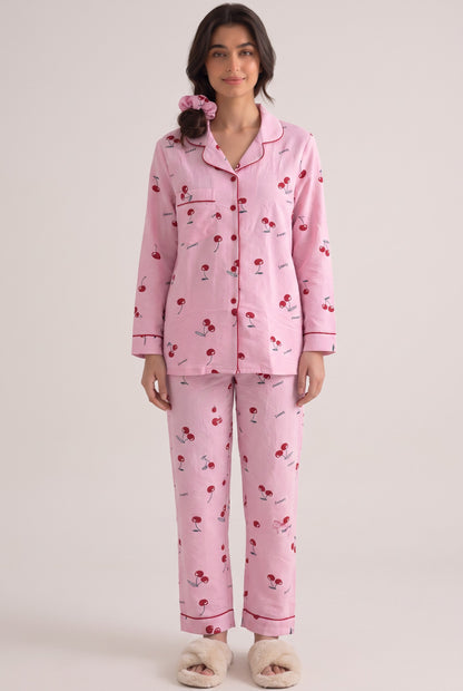 Pink Cherry Crinkled Crepe Loungewear Set