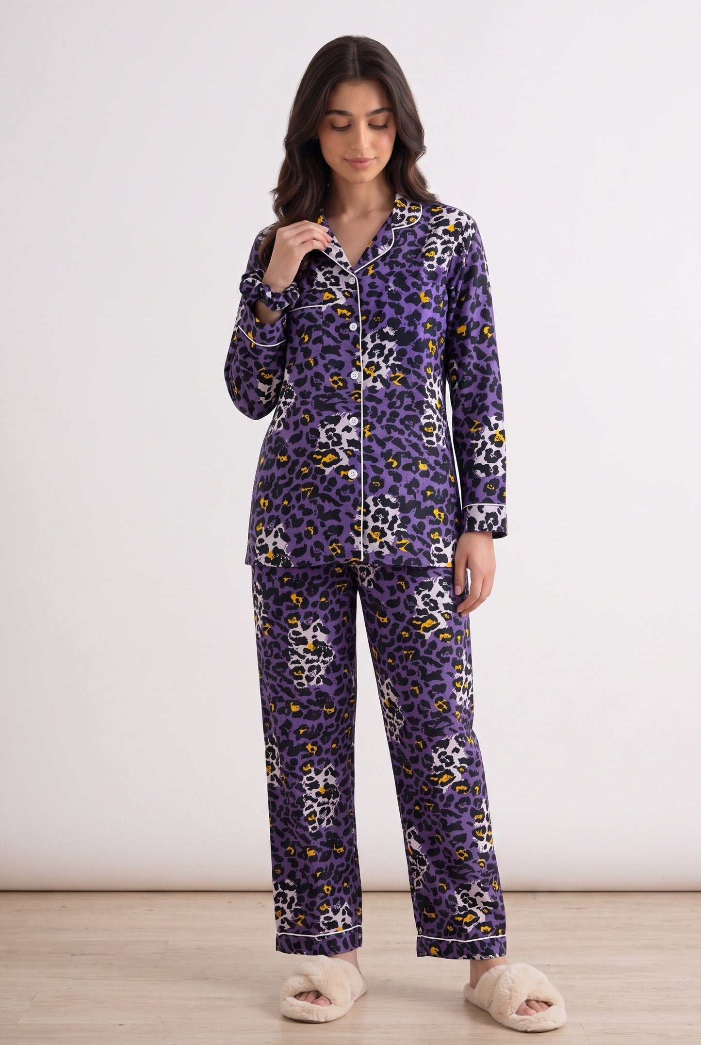 Royal Purple Leopard Linen Loungewear Set