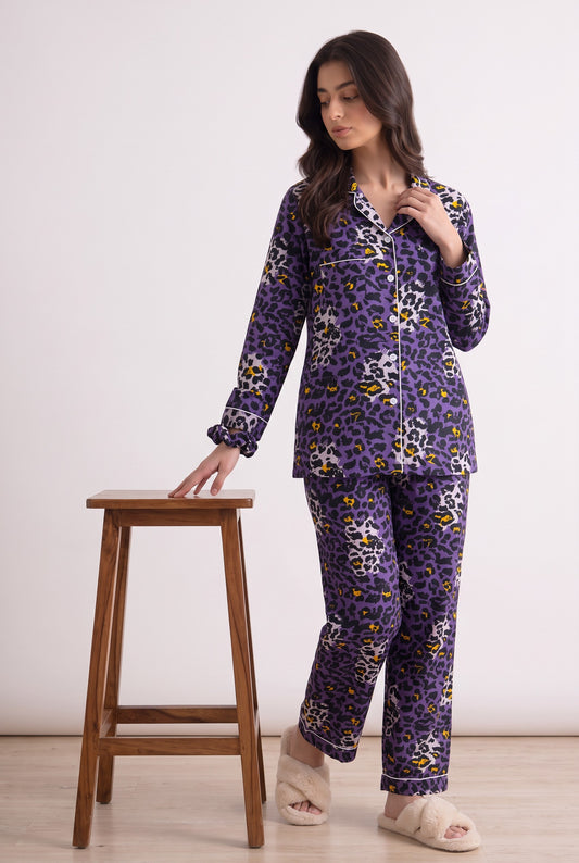 Royal Purple Leopard Linen Loungewear Set