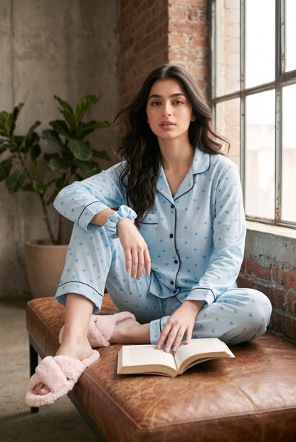 Sky Blue Heart Soft Crinkled Crepe Loungewear Set