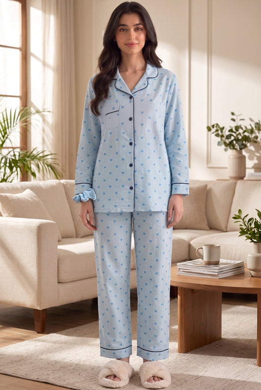 Sky Blue Heart Soft Crinkled Crepe Loungewear Set